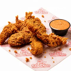 (Leve 6 Tiras Promo) 03 tiras de frango + 1 pote de 30ml molho