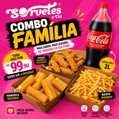 COMBO PORÇÃO FAMÍLIA + COCA 2L.  Porção de 800gr batata, porção de 800gr mandioca, porção de 1kg frango mais coca 2L grátis. 