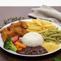 Bife a Milanesa, Arroz, Feijão, espaguete e farofa