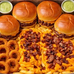 Combo 4 pessoas - 4 salada burguer + fritas cheddar e bacon + 12 onion